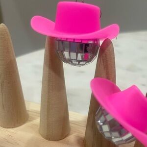 Pink Western Cowboy Hat Discoball Earings